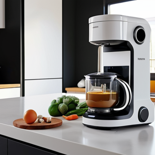 Home 4 **Prompt:** A modern, minimalist kitchen with a multi-functional kitchen robot appliance blending ingredients. Clean counters and simple design, natural light.
