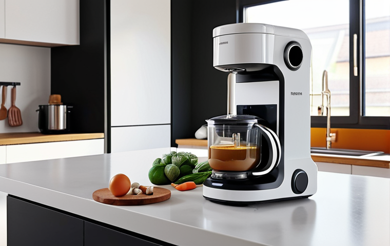 **Prompt:** A modern, minimalist kitchen with a multi-functional kitchen robot appliance blending ingredients. Clean counters and simple design, natural light.